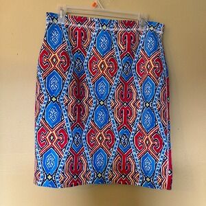J.McLaughlin Pencil Skirt Colorful Geometric Print Blue Red Yellow Sz‎ M